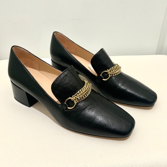 Kate Spade Gabby Black Leather Block Heel Loafer Square Toe Shoes Gold Chain 7.5 - Picture 5 of 8